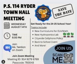 Photo of Town Hall Flyer for August 14th at 6pm. Use Zoom Link to Join Ms. Tention.